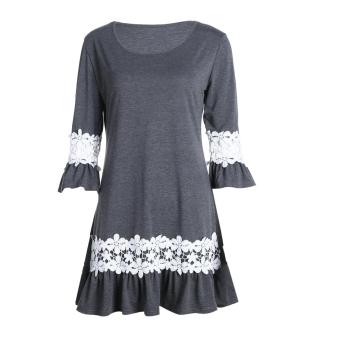 Woen Round Neck 3/4 Sleeve Stitching Cotton Blends Dress  