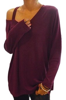 Woman's Long Sleeve Strapless Casual Loose Wine Red T-Shirts  
