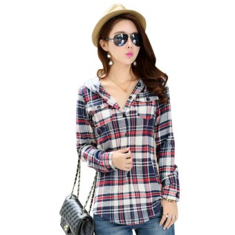 Women Blouse Hooded Polyester Material Plaid Print (Gray) - intl  