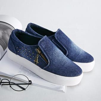 Women Casual Shoes 2017 New Arrival Denim Slip-On Flat with Zipper Shoes Plus Size 35-40 Fashion Shoes Woman-Navy blue - intl  
