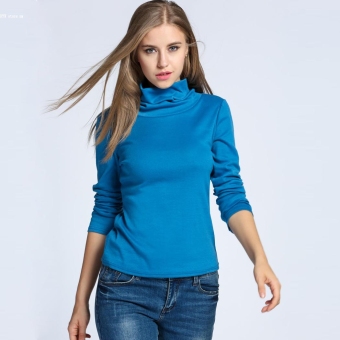 Women Casual Turtle Neck Button Slit Long Sleeve Solid Slim Blouse Tops (Blue) - intl  