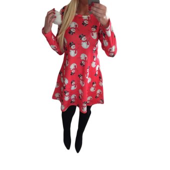 Women Christmas Dress Santa Snowman Print O-Neck Long Sleeve A-Line Holiday Party Dress Red - intl  