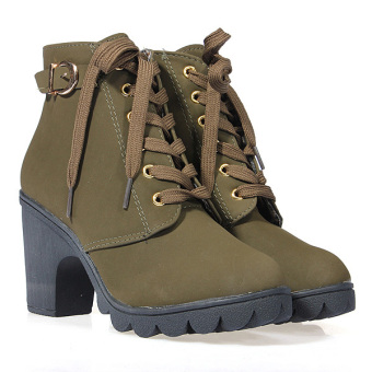 Women Chunky Block High Heel Ankle Boots Winter Nubuck Buckle Martin Boot Shoes Army Green - intl  