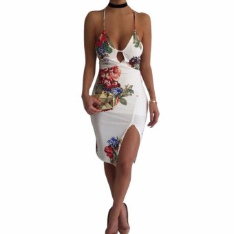 Women Club Backless Dress Summer 2017 Sexy Party Floral Printed Short Bodycon Dresses Deep V Neck Retro Tunic White - intl  