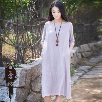 Women Cotton Linen Fresh Seven-sleeved Dress Maxi (Light Purple) - intl  