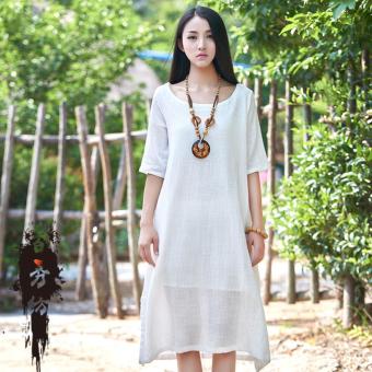Women Cotton Linen Fresh Seven-sleeved Dress Maxi (White) - intl  
