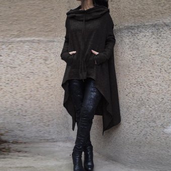 Women Cowl Neck Long Sleeve Asymmetrical Hem Hippie Cape Poncho Shirt Dress Tops (Black) - intl  