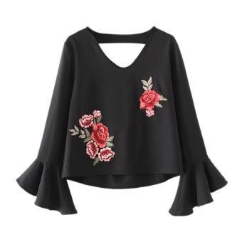 Women Deep V Neck Flare Sleeve Rose Embroidery Floral Blouses Top Shirt S - intl  