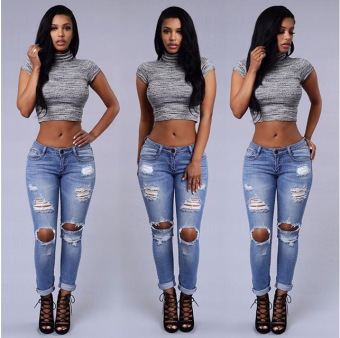 Women Destroyed Ripped Slim Cotton Hole Jeans Leggings Pencil Pants(Blue) - intl  