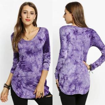 Women Drop-Shoulder V-Neck Long Sleeve Side Slit Slim Long Blouse Tops (Purple) - intl  