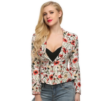 Women Fashion Casual Shawl Lapel Floral Long Sleeve One Button Blazer Jacket with Ruffle Hem  