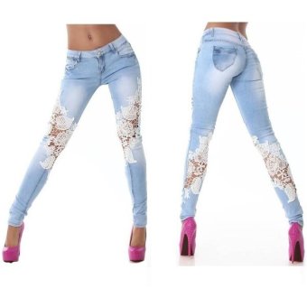 Women Fashion Lace Splice Elasticity Jeans(Sky blue) - intl  
