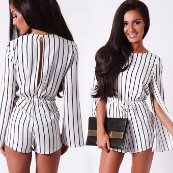 Women Fashion Sexy Casual Black White Stripe Long Sleeve Chiffon Cape Romper - intl  