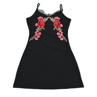 Women Gallus V Neck Floral Bodycon Black Embroidered Rose Club Dress (S) - intl  