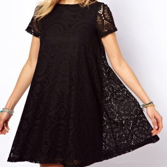 Women Hollow Out Lace Loose Blouse T-shirt Tops Casual Shirt Short Sleeve Black - intl  