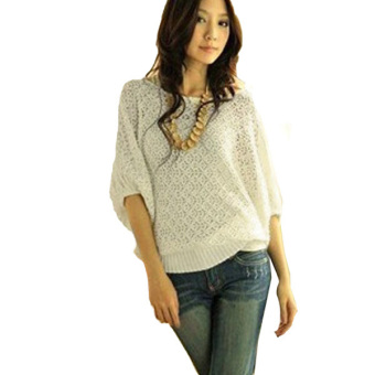 Women Jumper Boat Neck Loose Batwing Sleeve Blouse Hollow Knitwear Sweater Tops  