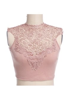 Women Lace Backless Sleeveless Hollow Out Tank Crop Tops (Pink)  