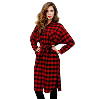 Women Lady Long Sleeve Plaid Check Straight Tunic Casual Blouse Shirt Dress with Belt ( Red ) - intl  