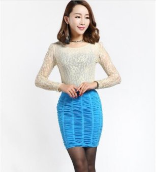 Women light blue Stretch High Waist Pleated Skinny Bandage Hip Wrap Mini Pencil Skirt Short - intl  