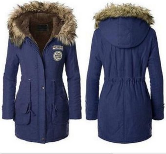 Women Long Coat Fur Collar Quilted Jacket Winter Parka Outwear Blue  