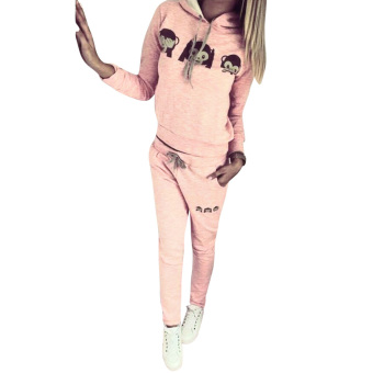 Women Monkey Emoji Long Sleeve Hooded Shirt Pants Two-piece Sport Suit Pink  