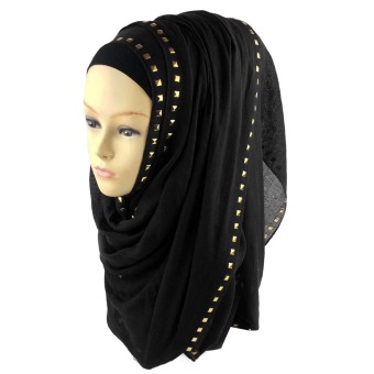 Women Muslim Cotton Studs Decoration Soft Head Neck Wrap Cover Hat Long Shawl Hijab Scarf Black (Intl) - Intl  