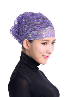 Women Muslim Full Shiny Flower Lace Hijab Inner Cap - Lavender - intl  
