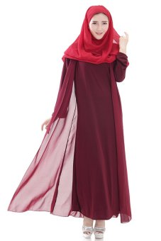 Women Muslim Wear Robe Chffon Long Dress Baju Kurung 5511 (Wine red)  