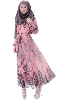Women Muslim Wear Robe Chiffon Plus Sizs Long Dress Baju Kurung 69160 -Pink  