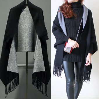Women Poncho Cardigans Autumn Winter Women Overwear Coat Oversized Knitted Cashmere Capes Sweater With Tassel Black - intl  