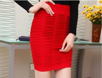 Women Red Stretch High Waist Pleated Skinny Bandage Hip Wrap Mini Pencil Skirt Short - intl  