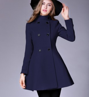women 's collar double - breasted Slim woolen jacket waist coat blue color - intl  