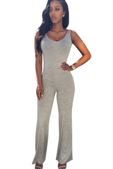 Women Sexy Casual Slim Round Neck Sleeveless Backless High Waist Stretch Solid Long Jumpsuit S-L (Grey) - Intl  