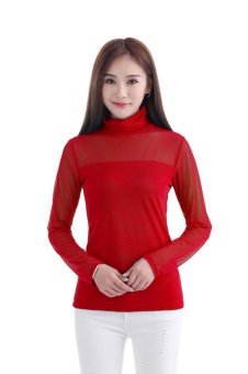 Women Sexy Long Sleeve Heaps Collar T-Shirts Pure Color Slim Shirts Inner Wear Blouse Casual Tee Tops Red - intl  