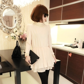 Women Sexy Pearl round Collar Long Sleeve Pleated Skirt Dress Dresses 2Colors Apricot - intl  