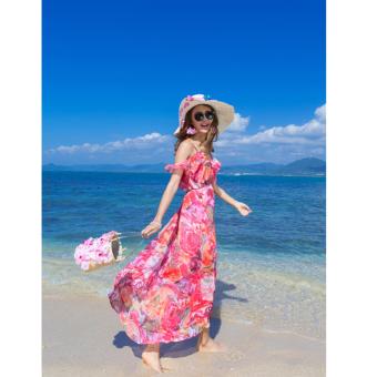 Women shoulder-off Floral Dress Slim Split Beach Chiffon Skirt Rose pattern sexy dress - intl  