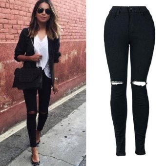 Women Slim Pencil Trousers Cool Ripped Knee Cut Skinny Long Jeans Pants Black - intl  