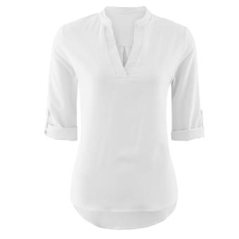 Women Summer Casual Long Sleeve Loose Blouse V Neck Shirt Tops (White)(M) - intl  