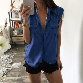 Women Summer Demin Blue Solid Tops Vintage Blouses Ladies Sexy Blusas Lapel Neck Short Sleeve Pockets Buttons Shirts Dark Blue - intl  