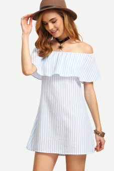 Women Summer Dress Slash Neck Off Shoulder Lace Chiffon Party Dress Casual Short Sleeve Mini Dress - intl  