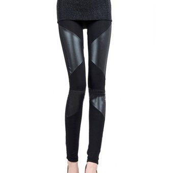 Women the first two Paragraphs Leather Stitching Leggings Black L - Intl  