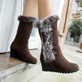 Women Thicken Mid Calf Snow Boots Fur Pull ON Buckle Winter Warm Outdoor Shoes BROWN - intl  