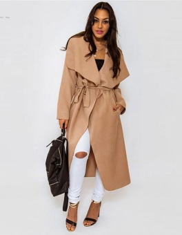 Women Turn Down Collar Long Sleeve Wool Coat Front Open Solid Outwear Long Overcoat with Belt Coffee - Intl  
