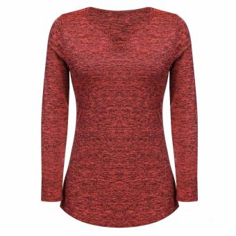 Women V-Neck Long Sleeve Solid Blouse T-Shirt Tops (Wine Red) - intl  