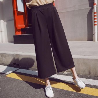 Women Wide Leg Pant Loose Harem Trousers Elastic High Waist Straight Ladies Cropped Pant(Black) - intl  