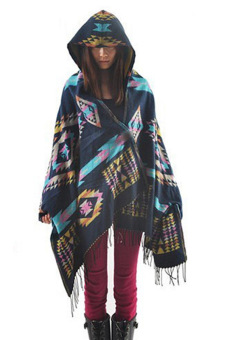 Women Wool Blend Ethnic print Blanket Cloak Poncho Cape (Blue)  