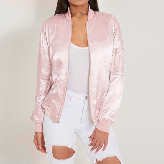 Women Zip Up Long Sleeve Brief Coat Slim Pockets Satin Bomber Jacket Fashion Casual Silky Plain Baseball Collar Coat -Pink  