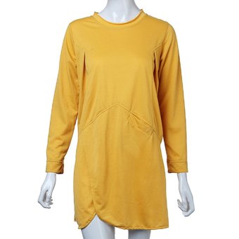 Womens Casual Loose Long Sleeve Big Commoner Style Thin Irregular Pocket Dress Yellow  