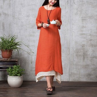 Womens Casual Loose Sundress Cotton Linen A-line Long Dress?Orange? - intl  
