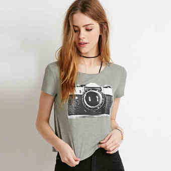 Women's Casual Short Sleeve Camera Print Top Tee (Grey)  
